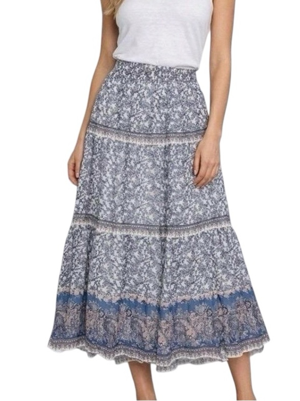 Joie print Silk Tiered Flowy Lined Maxi Skirt Elastic waist Size Large